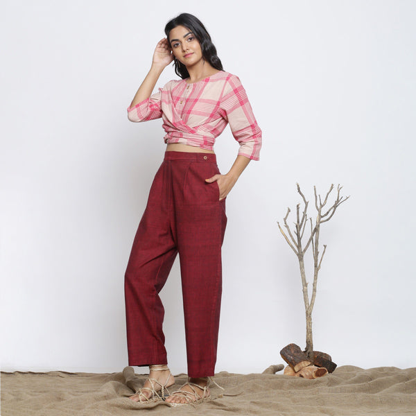 Left View of a Model wearing Maroon Handspun Straight Fit Pant
