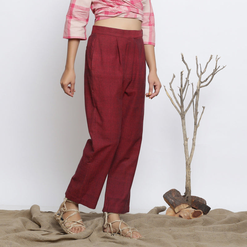 Right View of a Model wearing Maroon Handspun Straight Fit Pant