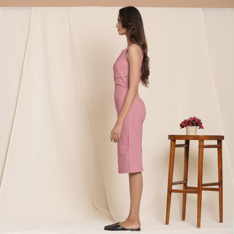 Left View of a Model wearing Maroon Knee Length Cotton Sheath Dress