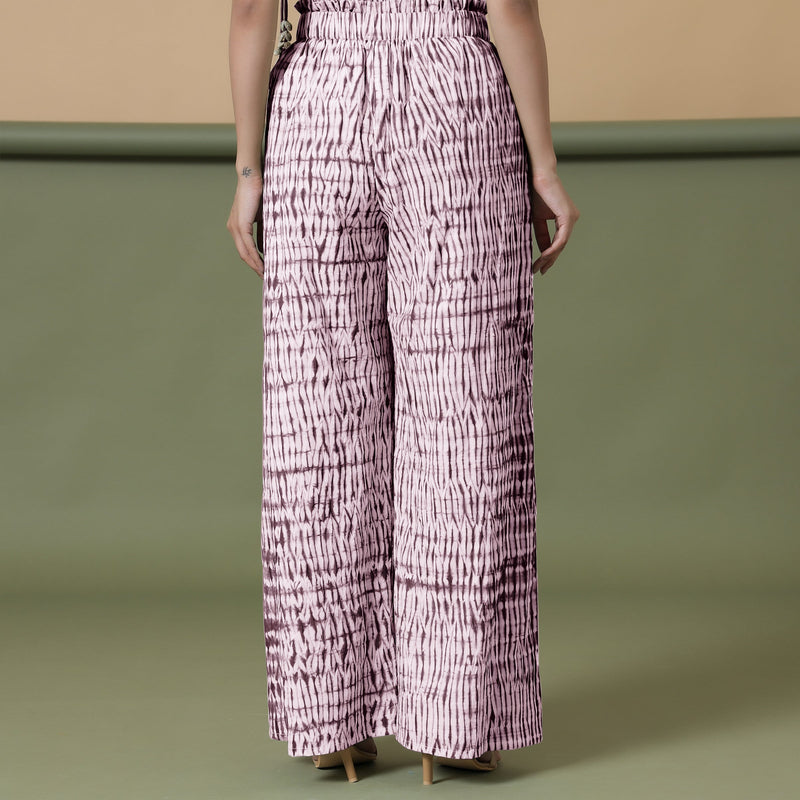 Back View of a Model wearing Maroon Shibori 100% Cotton Paperbag Pant