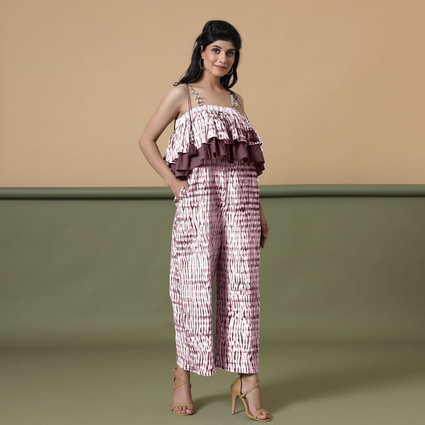Right View of a Model wearing Maroon Shibori Frilled Camisole Jumpsuit