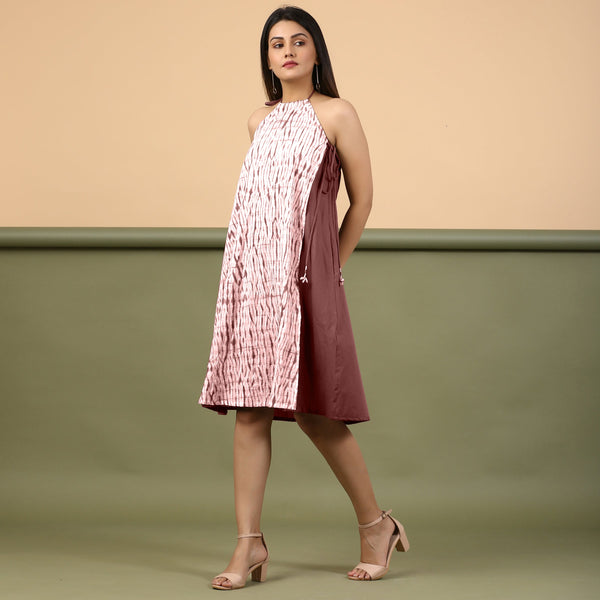 Front View of a Model wearing Maroon Shibori Halter Neck A line Dress