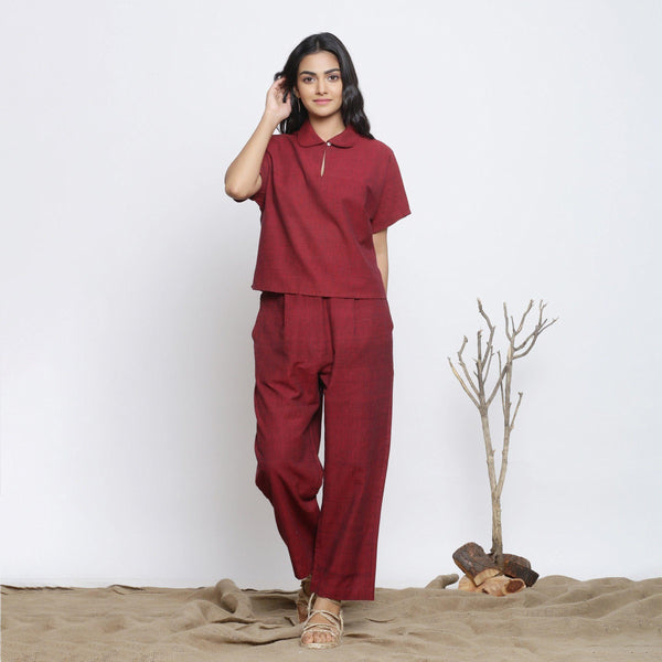 Front View of a Model wearing Maroon Straight Top and Straight Fit Pant Set