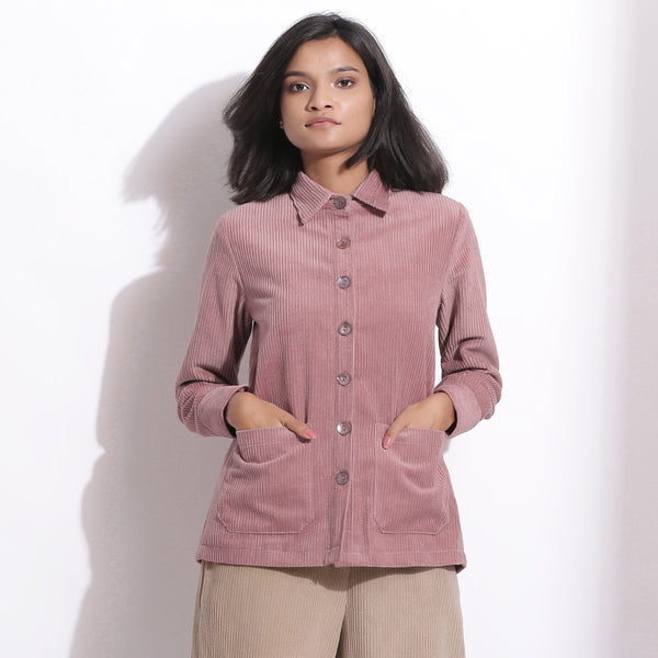 Front View of a Model wearing Mauve Corduroy Button-Down Pocket Shirt