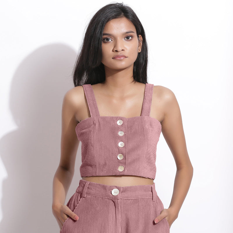 Front View of a Model wearing Mauve Cotton Corduroy Crop Top