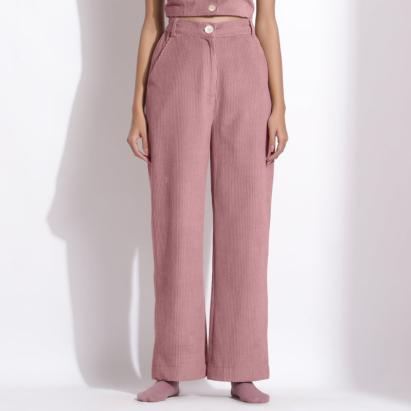 Front View of a Model wearing Mauve Corduroy Wide-Legged Trouser Pants
