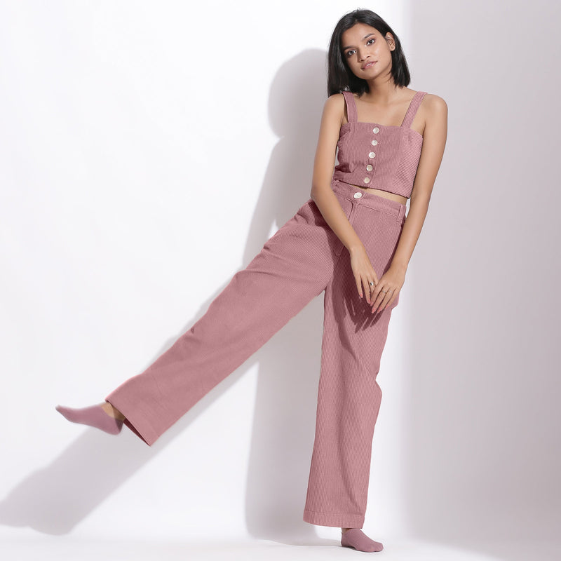 Front View of a Model wearing Mauve Corduroy Crop Top and Trouser Pant Set