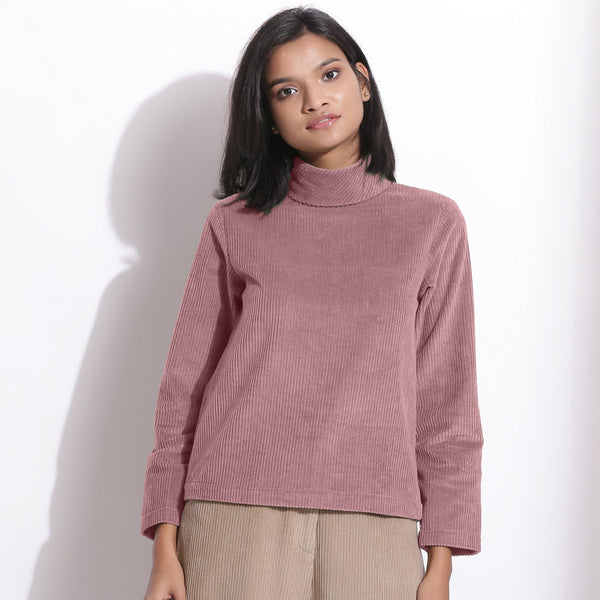 Front View of a Model wearing Mauve Corduroy High Neck Top