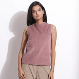 Front View of a Model wearing Mauve Warm Cotton Corduroy Funnel Neck Top