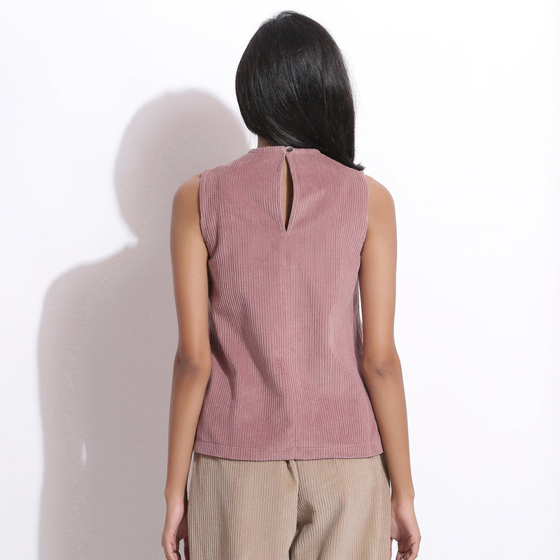 Back View of a Model wearing Mauve Warm Cotton Corduroy Funnel Neck Top
