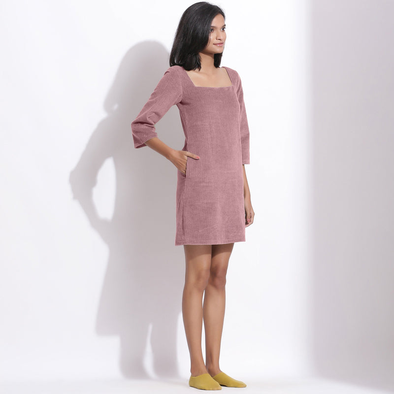 Right View of a Model wearing Mauve Cotton Corduroy Square Neck Dress