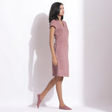 Right View of a Model wearing Mauve Cotton Corduroy V-Neck Dress