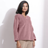 Right View of a Model wearing Mauve Cotton Corduroy V-Neck Top