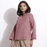 Front View of a Model wearing Mauve Cotton Corduroy V-Neck Top