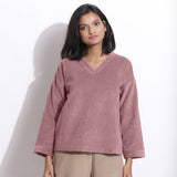 Front View of a Model wearing Mauve Cotton Corduroy V-Neck Top