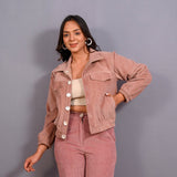 Front View of a Model wearing Mauve Warm Cotton Corduroy Short Bomber Jacket