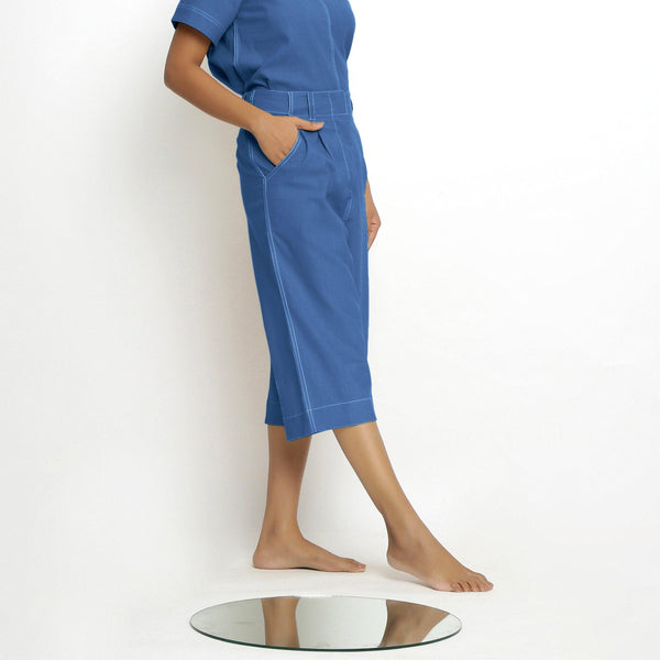 Right View of a Model wearing Mid-Rise Vegetable Dyed Blue Cotton Culottes