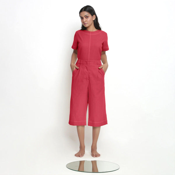 Front View of a Model wearing Mid-Rise Vegetable Dyed Red Cotton Culottes
