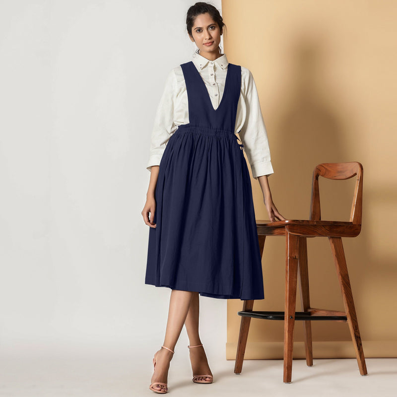 Front View of a Model wearing Midnight Blue Cotton Flax Pinafore Midi Wrap Dress