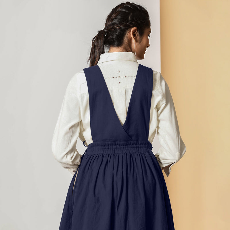 Back View of a Model wearing Midnight Blue Cotton Flax Pinafore Midi Wrap Dress