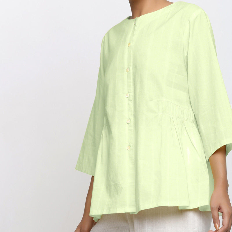 Front Detail of a Model wearing Mint Green Cotton Button-Down Top