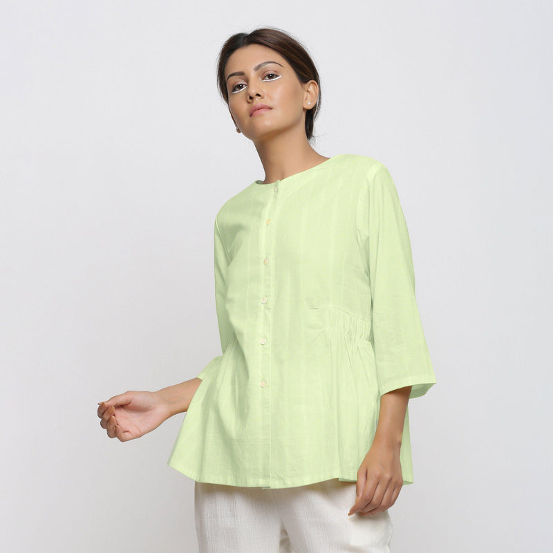 Front View of a Model wearing Mint Green Cotton Button-Down Top