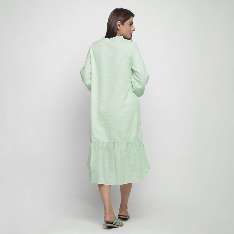 Back View of a Model wearing Mint Green Cotton Chambray Midi Dress