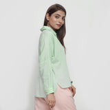 Right View of a Model wearing Mint Green Cotton High-Low Long Top