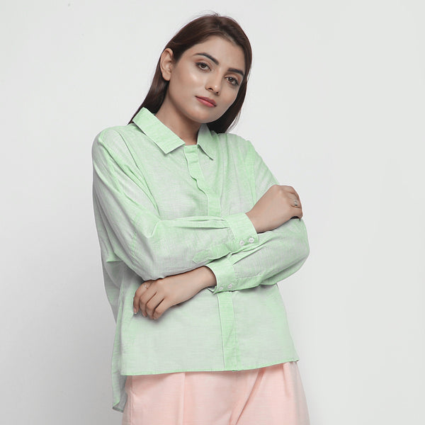 Right View of a Model wearing Mint Green Cotton High-Low Long Top