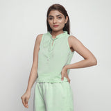 Front View of a Model wearing Mint Green Cotton Ruffled A-Line Top
