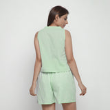 Back View of a Model wearing Mint Green Cotton Ruffled A-Line Top