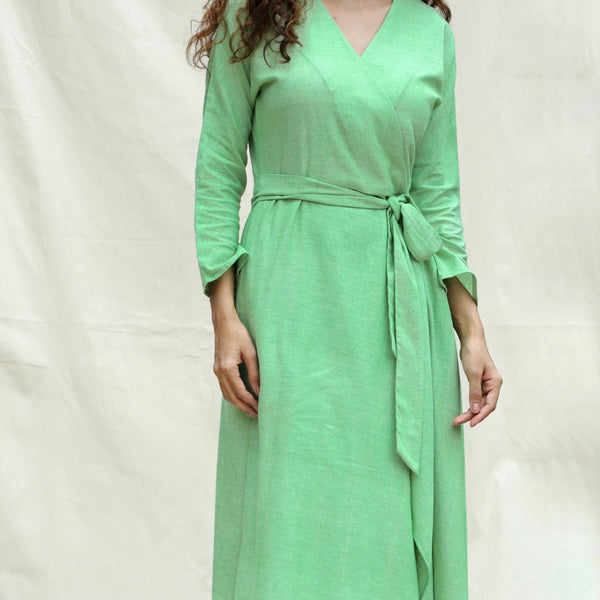 Front Detail of a Model wearing Mint Green Handspun Cotton Drop Shoulder Sleeves Midi Wrap Dress