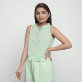 Front View of a Model wearing Mint Green Cotton Ruffled A-Line Top