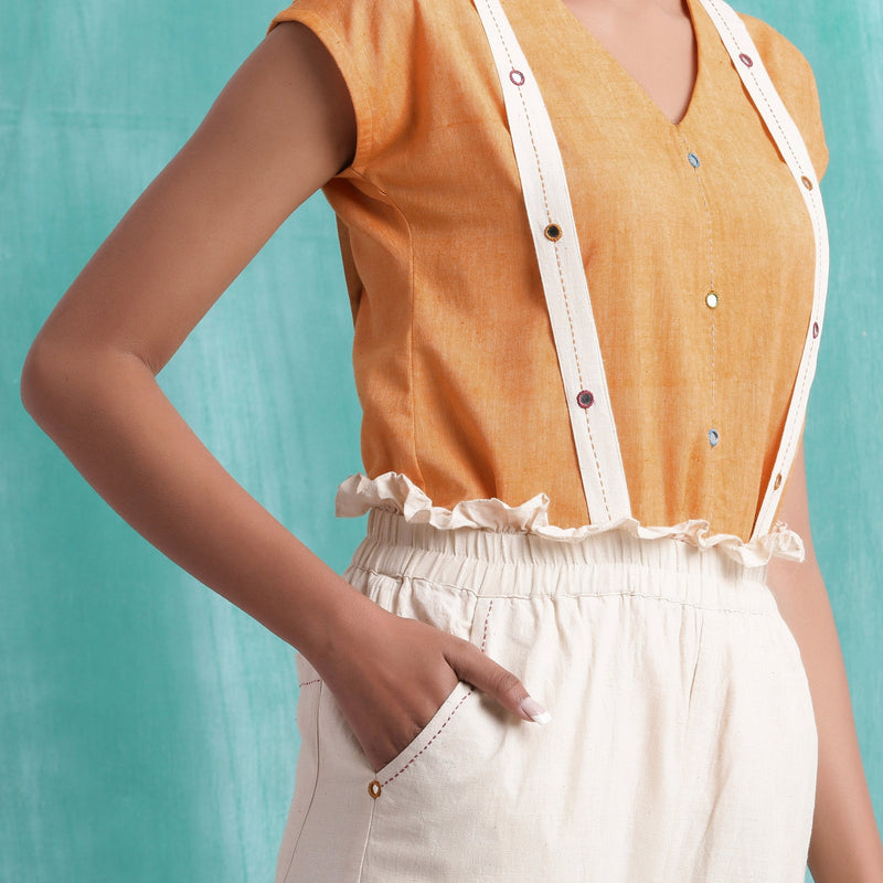 Front Detail of a Model wearing Mirror Work Cotton Muslin Elasticated High-Rise Suspender Pant