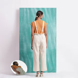 Back View of a Model wearing Mirror Work Cotton Muslin Elasticated High-Rise Suspender Pant