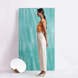 Left View of a Model wearing Mirror Work Cotton Muslin Elasticated High-Rise Suspender Pant