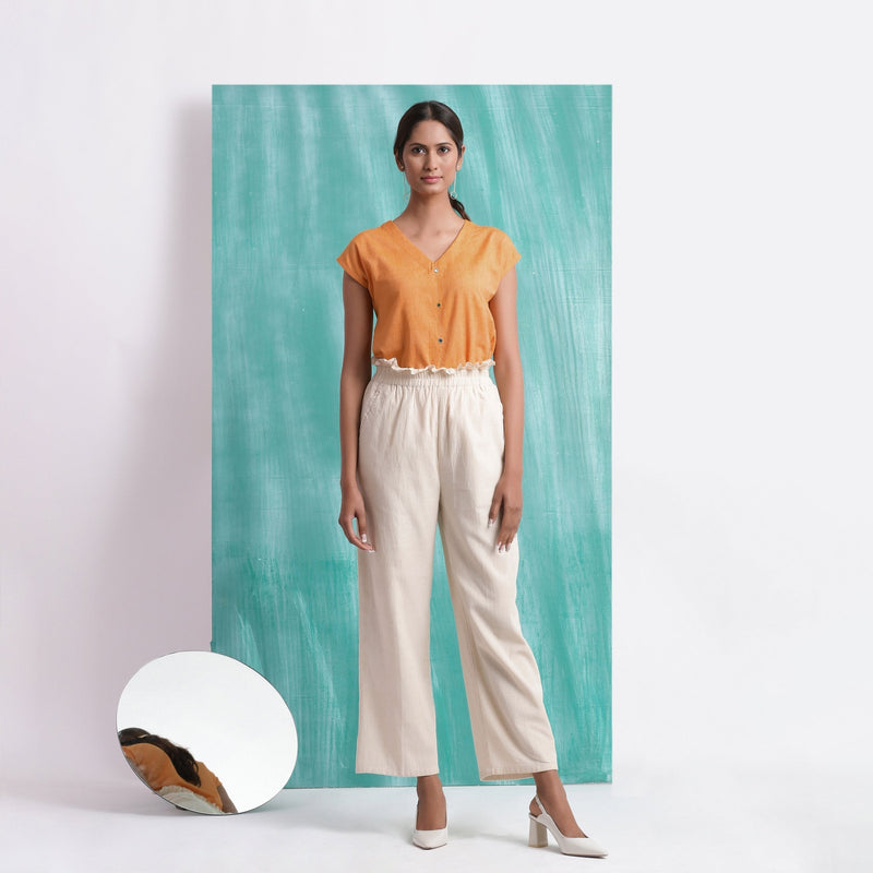 Front View of a Model wearing Mirror Work Cotton Muslin Elasticated High-Rise Suspender Pant