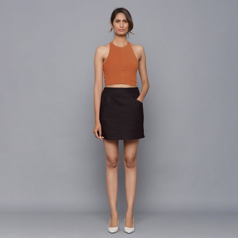 Front View of a Model wearing Moonlight Black Flannel Mini Pencil Skirt