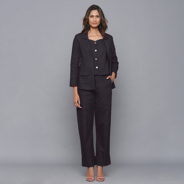 Front View of a Model wearing Moonlight Black Flannel Rolled-Up Straight Pant