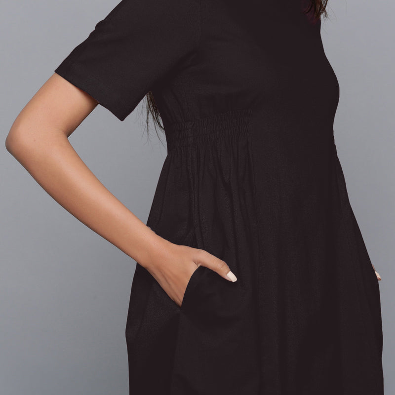 Front Detail of a Model wearing Moonlight Black Paneled Cotton Flannel Dress