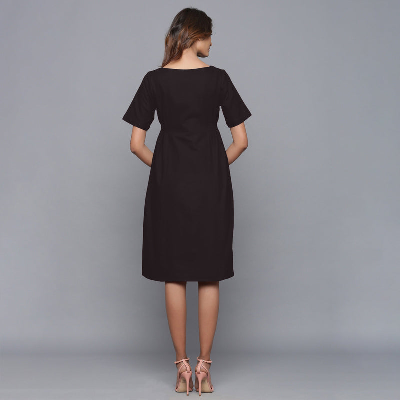 Back View of a Model wearing Moonlight Black Paneled Cotton Flannel Dress