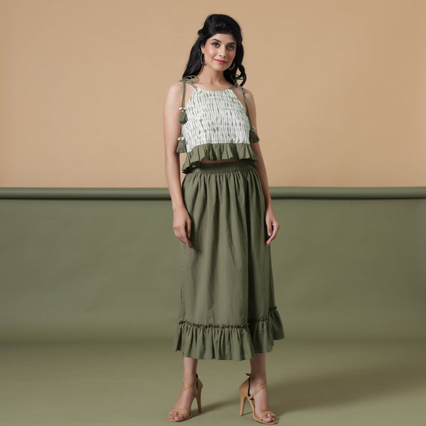 Front View of a Model wearing Moss Green A-Line Ruffled Cotton Skirt