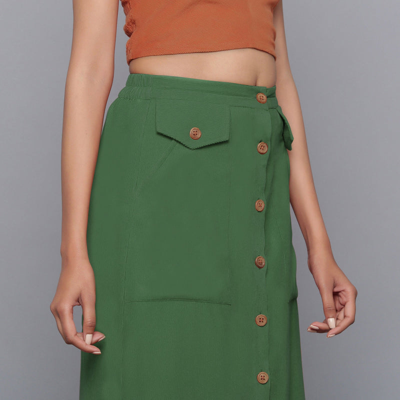 Front Detail of a Model wearing Moss Green Button-Down Midi Skirt