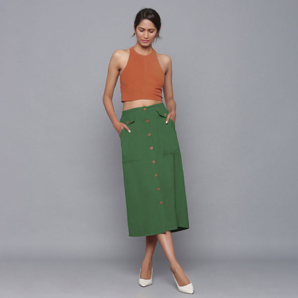Front View of a Model wearing Moss Green Button-Down Midi Skirt