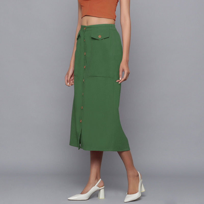 Left View of a Model wearing Moss Green Button-Down Midi Skirt