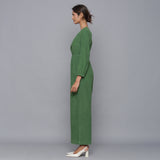 Left View of a Model wearing Moss Green Corduroy Comfy Jumpsuit