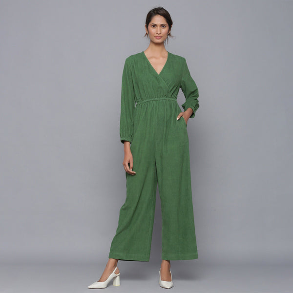 Front View of a Model wearing Moss Green Corduroy Comfy Jumpsuit