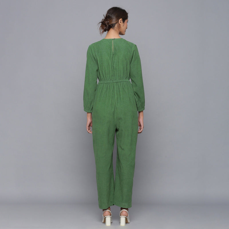 Back View of a Model wearing Moss Green Corduroy Comfy Jumpsuit