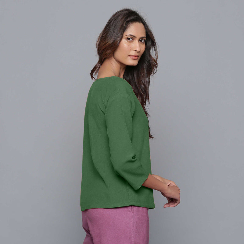 Right View of a Model wearing Moss Green Corduroy Drop Shoulder Top