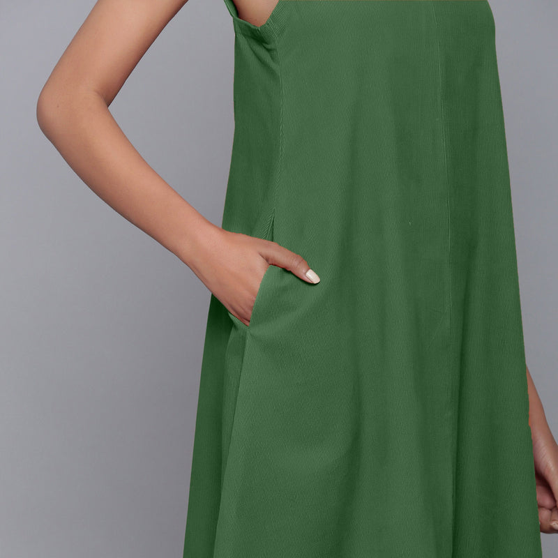 Front Detail of a Model wearing Moss Green Corduroy Flared Dress